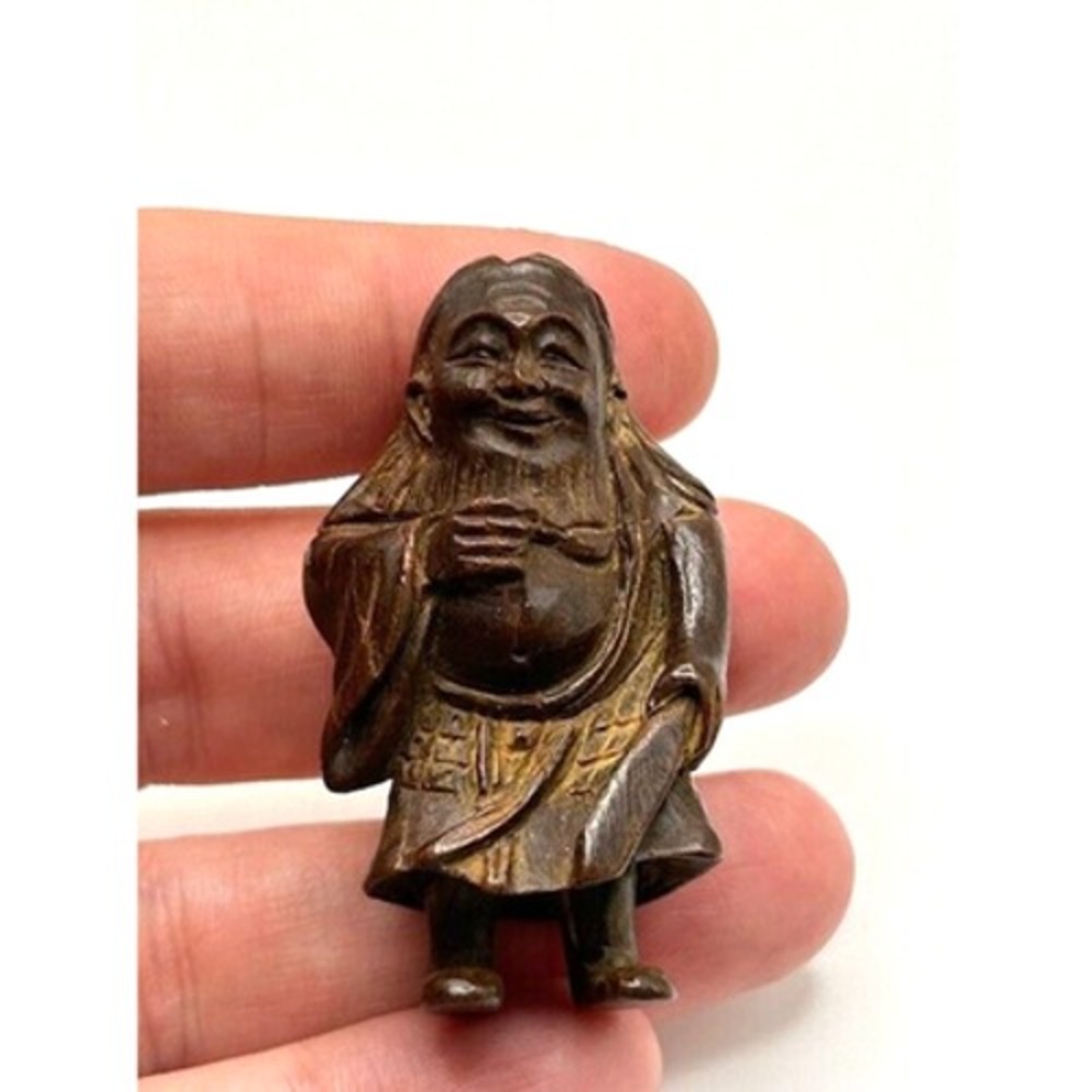 Chinese Boxwood Signed Brown Wooden Netsuke Long Hair Sculpture Hand Carved